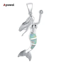 ayowei high quality trendy mermaid red fire opal silver zircon fashion jewelry necklace pendant ops708a anniversary for women