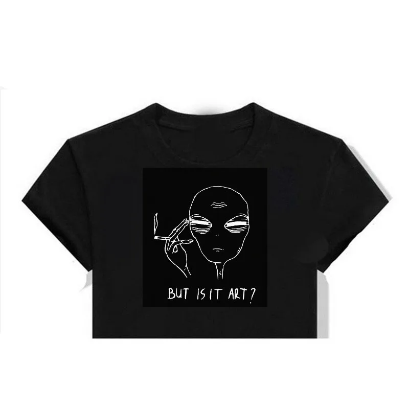 Black Crop Инопланетянин курит, но это искусство? Женские футболки с логотипом Tumblr, женская футболка с круглым вырезом, хлопковые Графические футболки, женские футболки, топы - Цвет: Black Crop