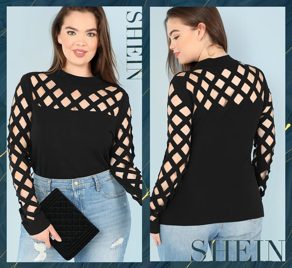 SHEIN Топ Размера Плюс С Вырезом Под Горло Женский Весенний Черный Элегантный Топ С Длинными Рукавами И Стоячим Воротником