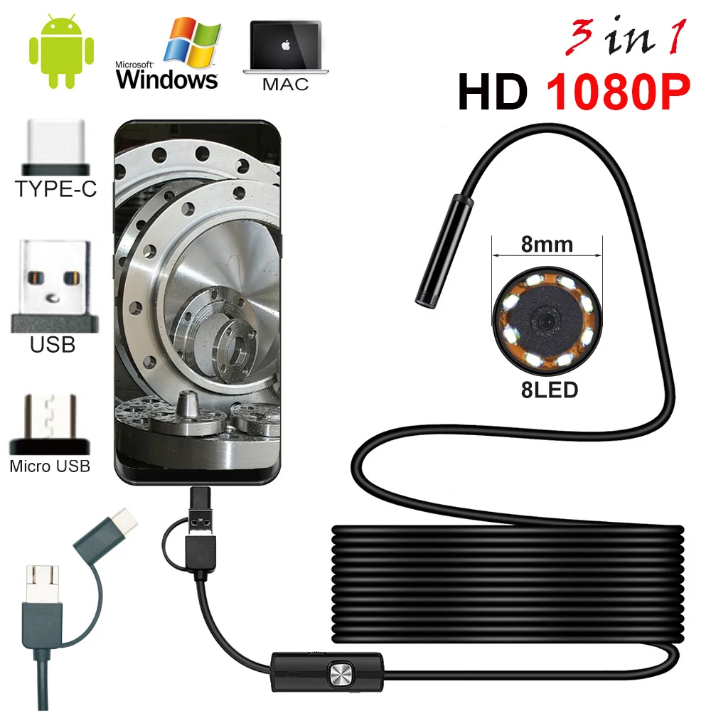 HD 8 0 мм эндоскоп камера 1080P USB с светодиодами 1/2/5 м кабель Водонепроницаемый