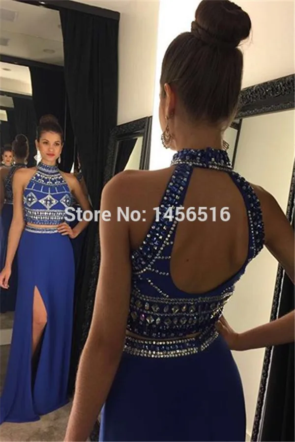 123013 Вт Vestidos De Fiesta модные Средства ухода за кожей Шеи пол Длина Кристалл бисера Разделение Вечерние платья Красный две части Выпускные платья