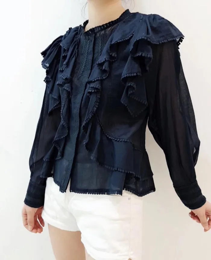 WISHBOP темно синий ALEA Топ вышитая хлопковая рубашка с оборками 2019ss новые женские