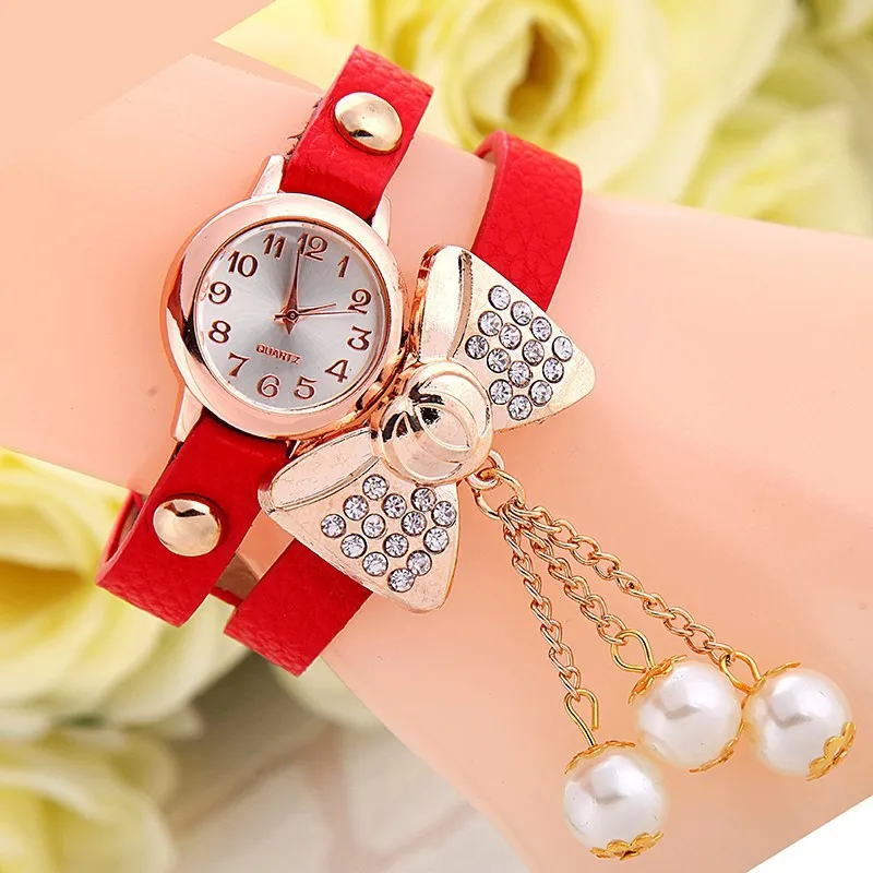 Часы наручные женские с бантом модные кожаным ремешком чёрные розовые