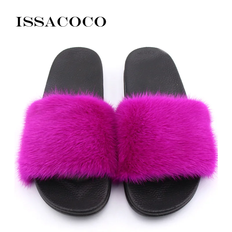 Rose-Red ISSACOCO/женские тапочки на плоской подошве из натурального меха норки; Женские однотонные тапочки из меха норки на нескользящей подошве; домашние шлепанцы Zapatillas Pantufas - Цвет: Rose-Red