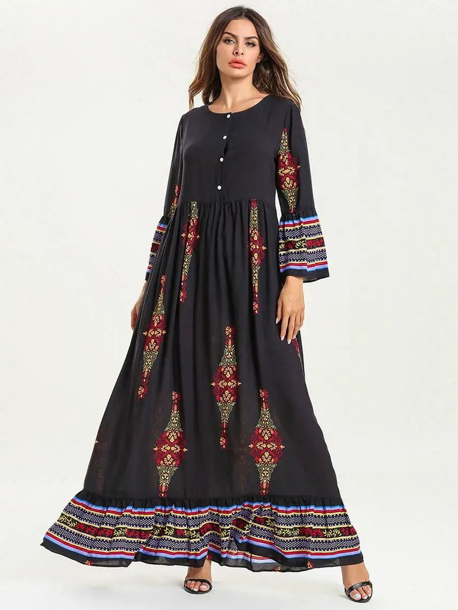 Мусульманское женское длинное платье макси с цветочным принтом абайя джилбаб