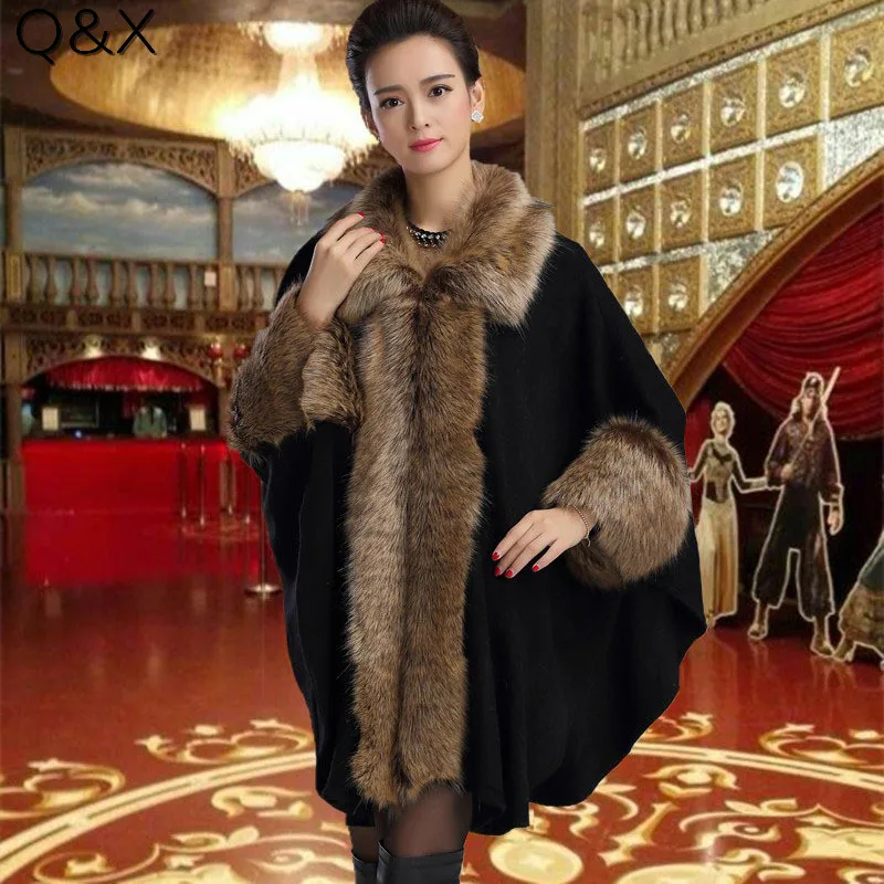 

2018 New Fashion Women Autumn And Winter Patchwork Fur Collar Poncho Imitation Cashmere Long Sleeve Knit Shawl Cloak Coat