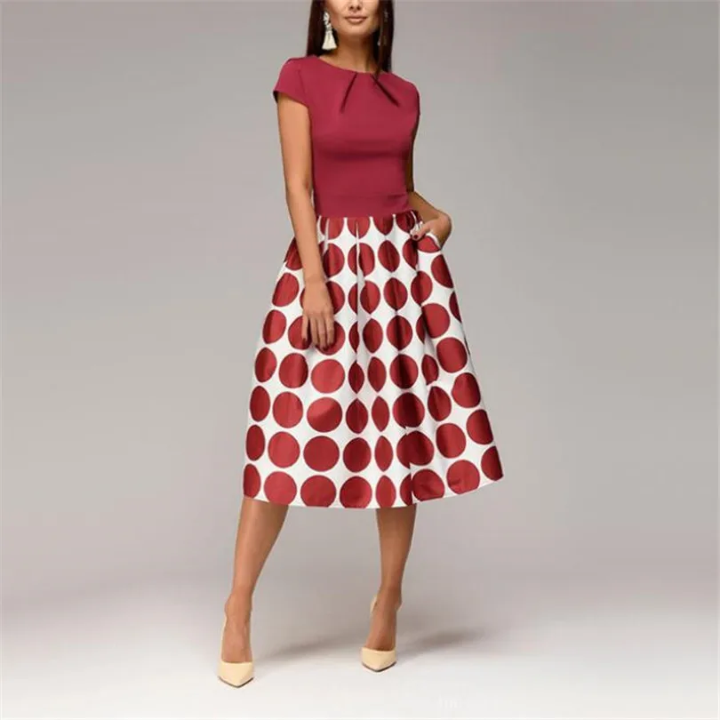 

VIIANLES Women Summer Dress Pocket Wave Point Short Sleeve Patchwork Female A-line Dress Casual Vestidos Dot Vintage Dress