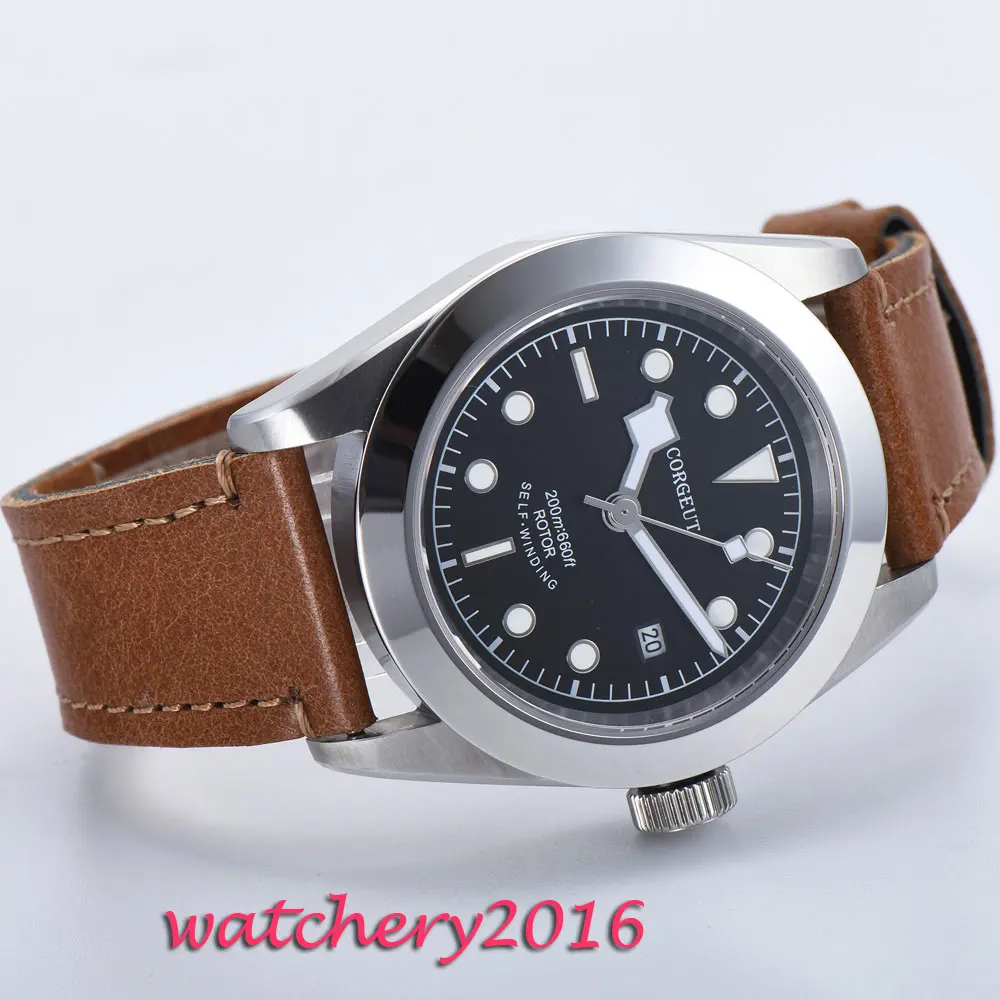 41mm Corgeut Black Dial Luminous Hands Leather Deployment Bucket SS Case Complete Calendar Miyota Automatic Movement Men's Watch |