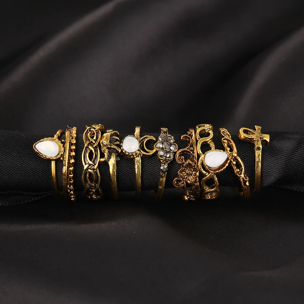 10 шт./компл. слон луна Ретро Бохо золотого цвета кольцо набор стрелка миди кольца