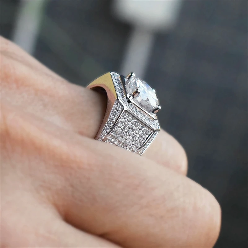 Серебряное микро-кольцо, стразы, льдом, большое, квадратное, для мужчин, хип-хоп, панк стиль, свадебные ювелирные изделия, Anel Bijoux L5K458