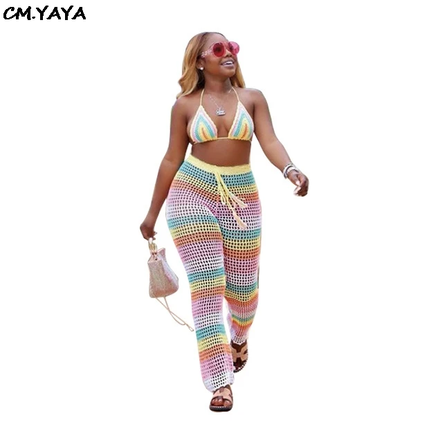 Женский пляжный комплект из двух предметов костюм в богемную полоску с вырезом