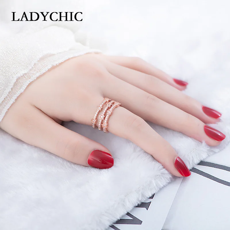 Женское многослойное кольцо с пентаграммой LADYCHIC серебряное/розовое золото