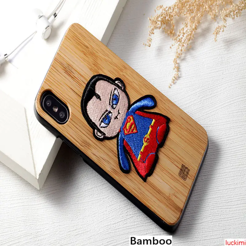 For iphone 6 7 8 6S Plus X Xs Xr Max Superman peach cherry wood Bamboo embroidery Nature Material Phone case cover |