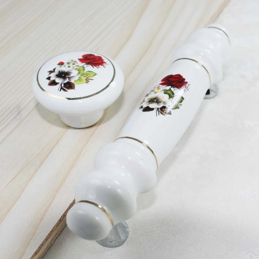 

96mm Fashion pastorale ceramic furniture handle white red porcelain drawer cabinet pull silver dresser cupboard door handles