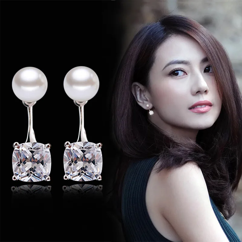 

100% 925 sterling silver fashion shiny crystal pearl ladies stud earrings jewelry Anti allergy female drop shipping