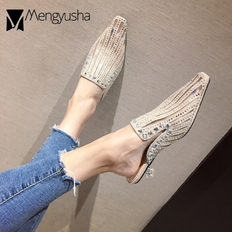 Тапочки из сетчатого материала женские шлепанцы со стразами на низком тонком