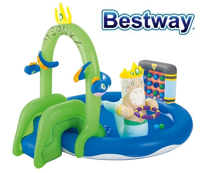 53057 Bestway 231x193x150 см надувной пластиковый бассейн с распылителем горкой корзиной