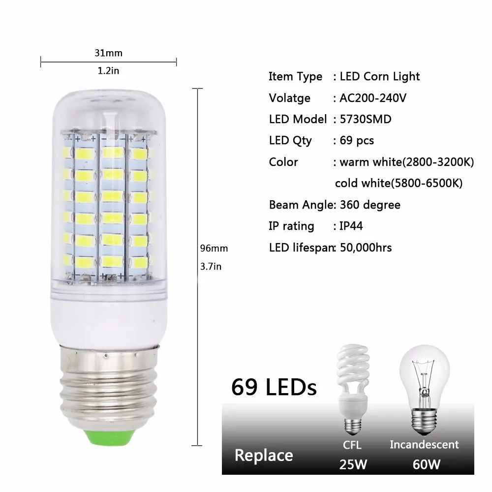 Супер яркий E27 E14 5730 SMD светодиодный светильник 220 В кукурузная лампа 24 30 42 64 80 89 с