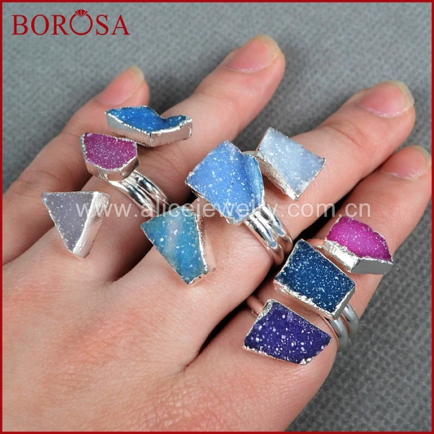 BOROSA Три Камни Друза кольцо окрашенный цвет натуральный Агаты Drusy Geode Серебристый