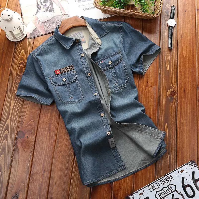 Men Shirts  Fashion New Summer Short Sleeves Men Denim Shirts Cotton Casual Turn Down Collar Camisa Male Denim Shirts