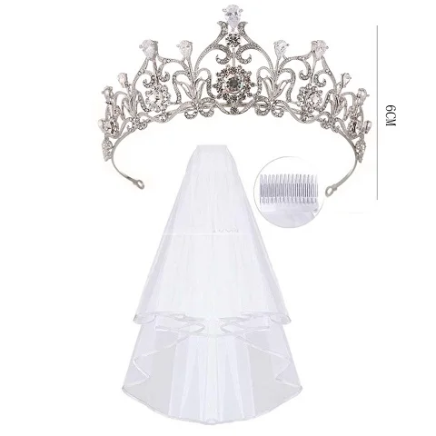 crown veil 1 стразы, тиара, 1 свадебная вуаль с гребнем, корона, тиара, свадебная корона в стиле барокко, Серебряные Кристаллы, головные уборы, свадебные аксессуары - Окраска металла: crown veil
