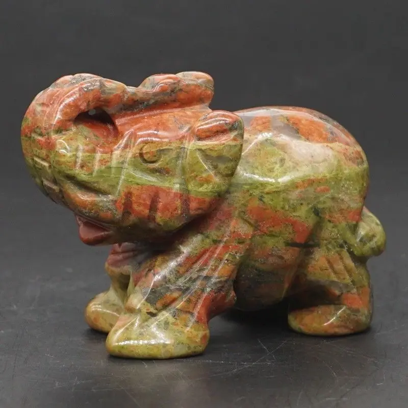 

Elephant Figurines Craft Carved Natural Stone Unakite Mini Animal Statue Decor Chakra Healing 2 Inch