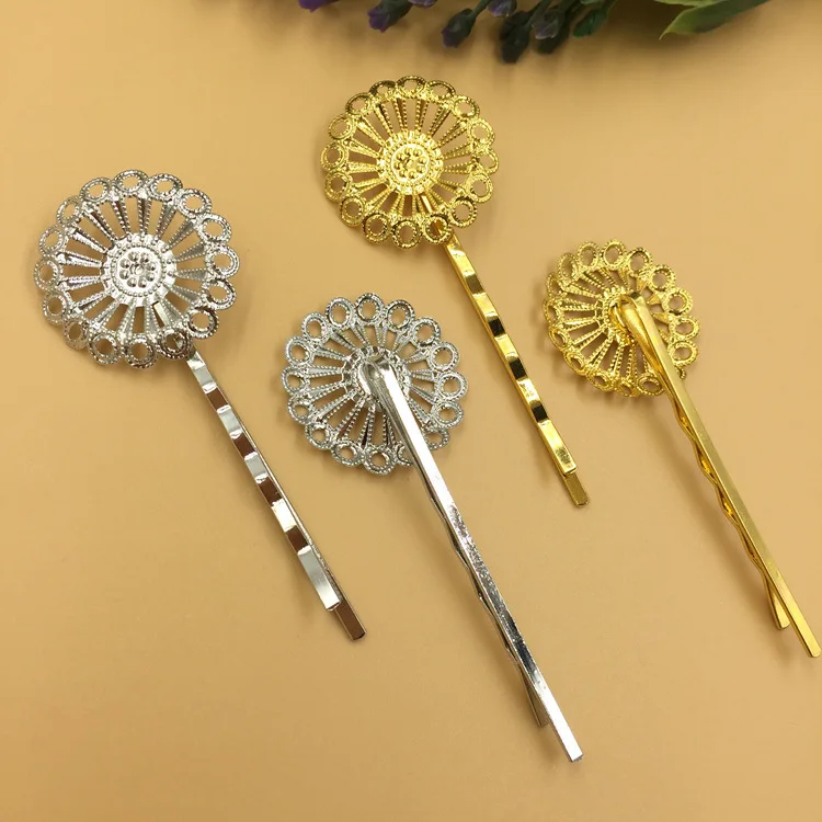 20mm Filigree Circle Flower Bobby Hairpins Bases Metal Blanks Findings Settings DIY Women's Bride Hair Clips Making Multi-color |