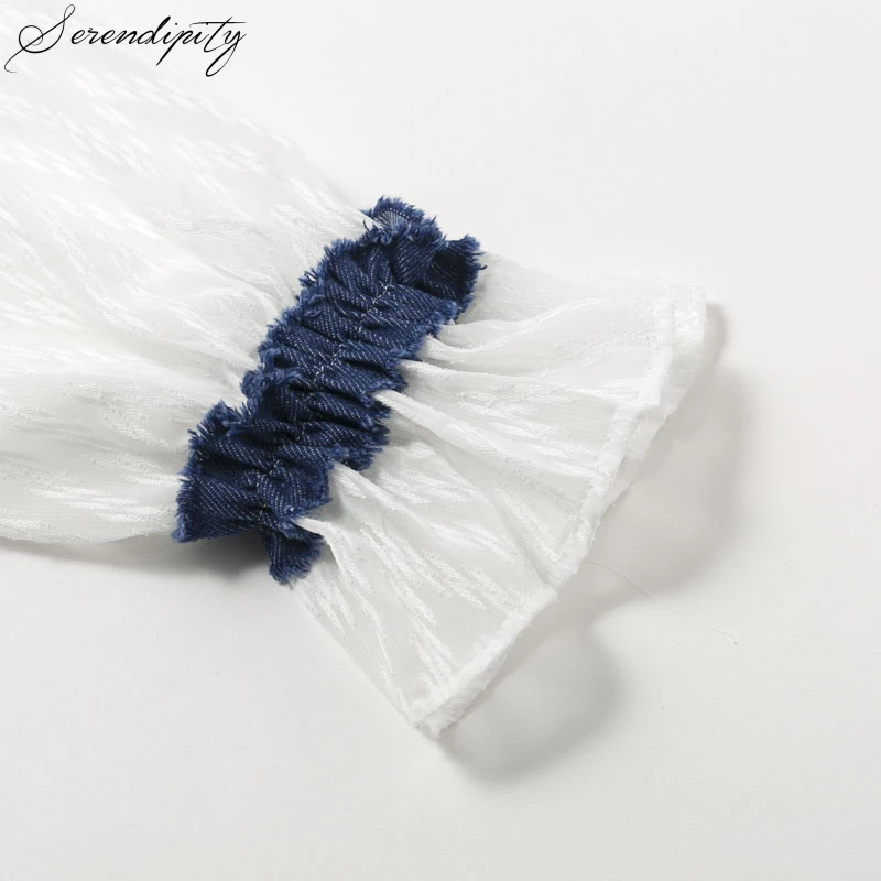 Женская блузка с твидовыми кисточками пэчворк коротким рукавом-фонариком