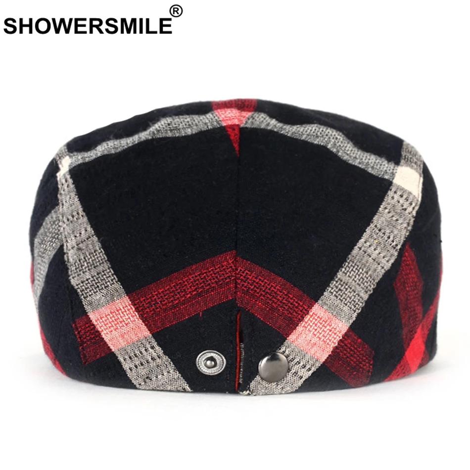 SHOWERSMILE, клетчатый мужской берет, хлопок, лен, красный цвет, плоская шапка, мужская, весна-осень, цветная шапка-Утконос, Классические Кепки для езды и кепки