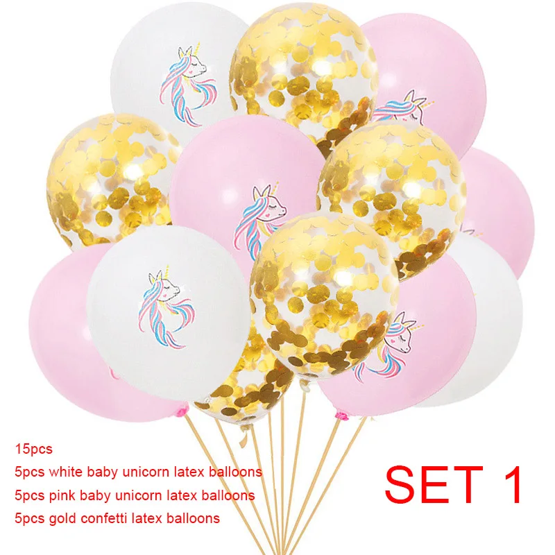 Set 1 Украшения для вечеринки на день рождения для детей, девочек 1 год, вечерние украшения в виде единорога, набор воздушных шаров, повязка на голову в виде единорога, милый 16 Топпер для торта - Цвет: Set 1