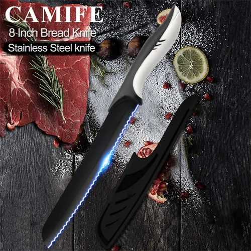 C.8 inch Bread Knife Кухонные ножи, набор ножей из нержавеющей стали, аксессуары для столовых приборов, фруктовый нож Santoku, шеф-повара для нарезки хлеба, кухонные ножи, крышки - Цвет: C.8 inch Bread Knife