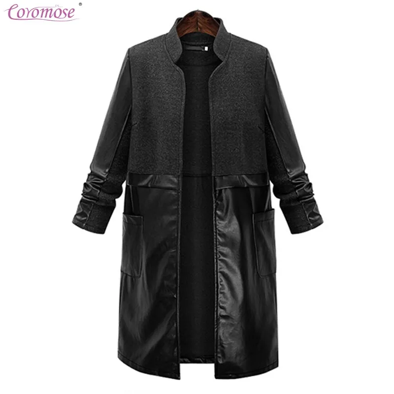У женщин Шерстяное пальто элегантный кожаный Blend Slim прохладный pu Лоскутные