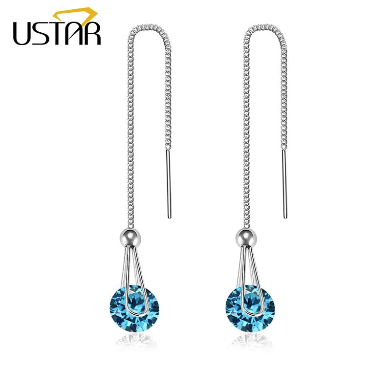 Blue Crystal Silver USTAR, длинные женские серьги в форме капли, 2.0ct AAA, круглая огранка, кубический цирконий, свадебные ювелирные изделия, серьги-гвоздики для женщин, brincos, подарок - Окраска металла: Blue Crystal Silver