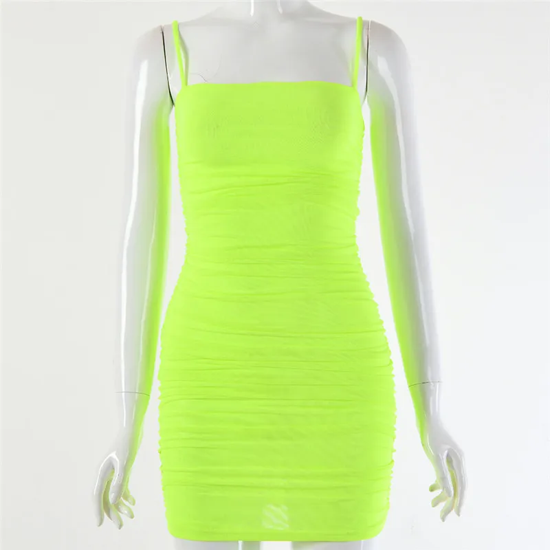 Ahagaga 2019 New Summer Sleeveless Bodycon Mesh Dress Women Sexy Neon Color Spaghetti Strap Evening Mini Vestidos | Женская одежда
