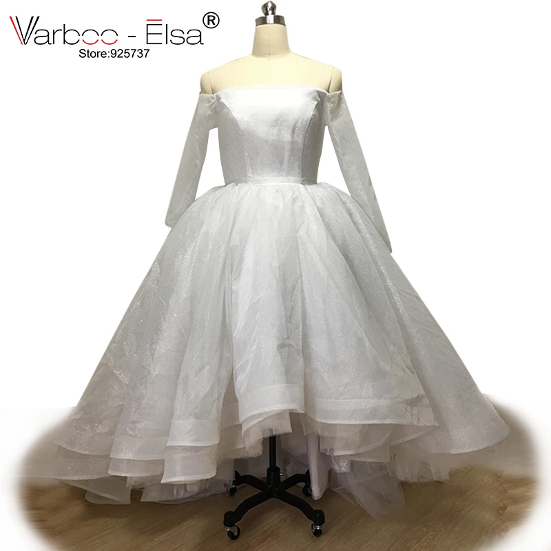 VARBOO_ELSA Long Sleeve Boat Neck Sexy Prom Dress High Low Evening White Sequined Special Occasion 2021 Custom Black | Свадьбы и