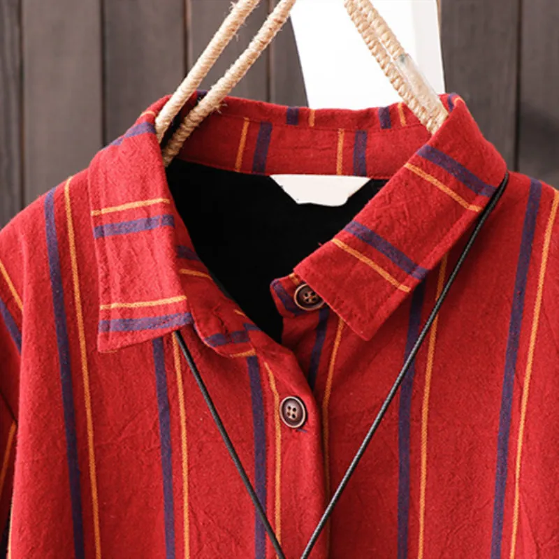 Casual Contrast Color Vertical Striped Shirt Ladies Long Tops 2018 Turn Down Collar Fall Winter Warm Velvet Cardigan Coat Retro |