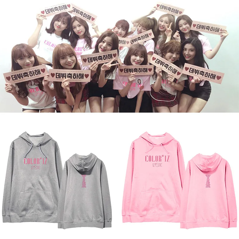 Розовый хлопковый Свободный свитшот Kpop IZONE с капюшоном для женщин популярный в