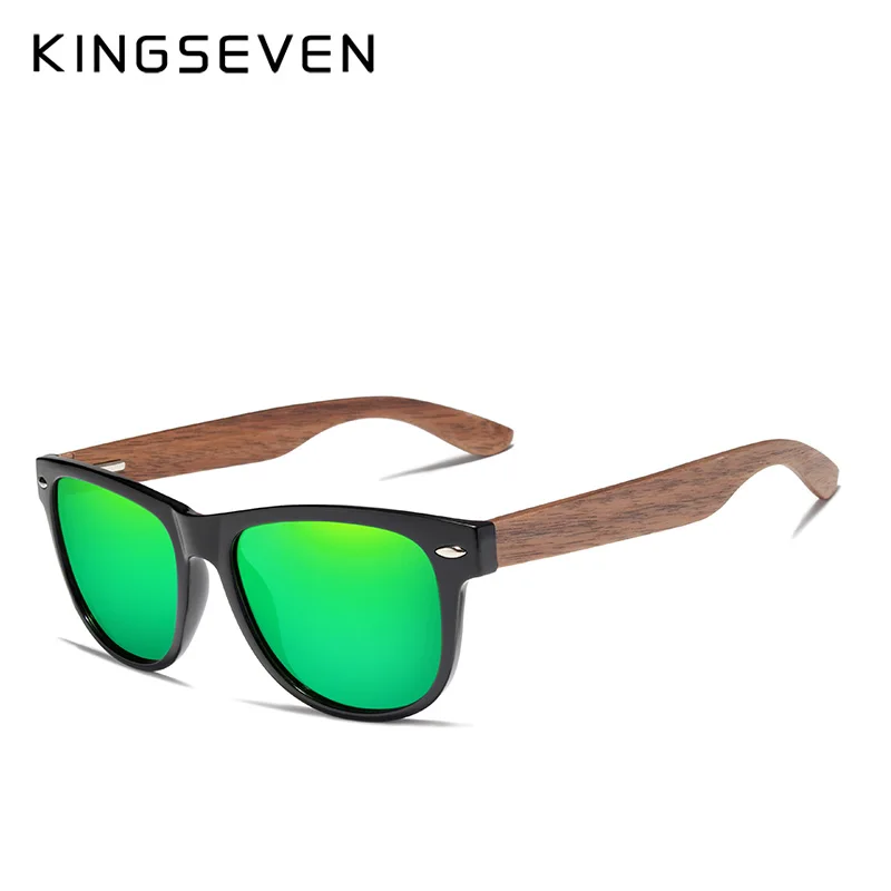 Green walnut wood KINGSEVEN, ручная работа, черный орех, солнцезащитные очки, мужские, деревянные очки, женские, поляризационные, зеркальные, Ретро стиль, квадратный дизайн, Oculos de sol - Цвет линз: Green walnut wood