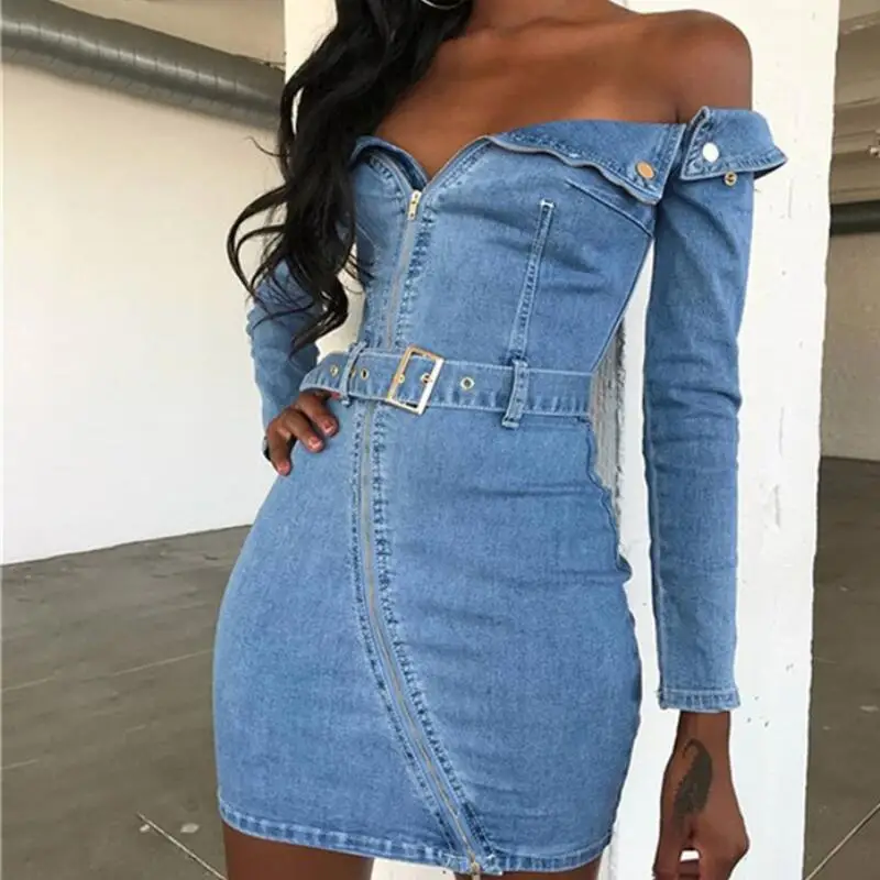 Модные Bodycon ремень из джинсовой ткани с открытыми плечами; с эластичной резинкой Для женщин с длинными рукавами и открытыми плечами джинсы мини платье Женский Повседневное платья синего цвета, Vestidos
