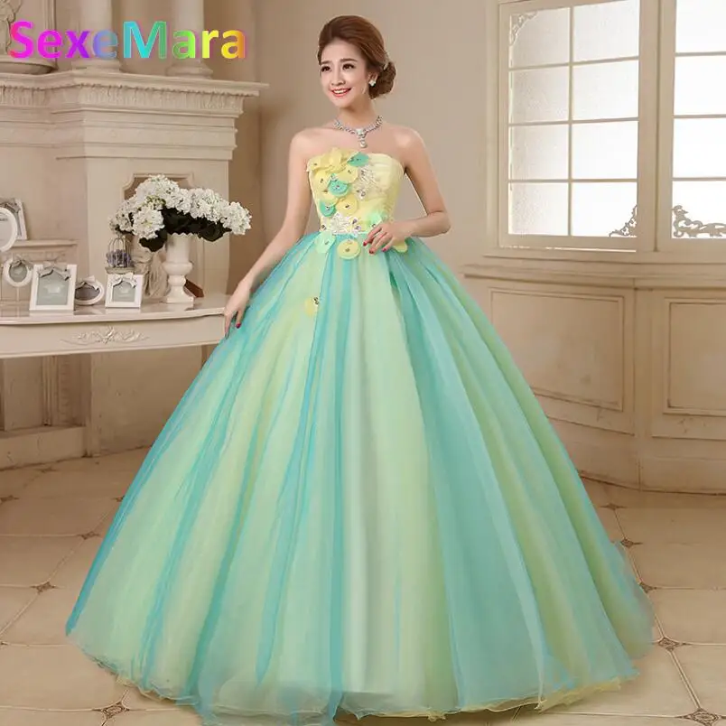 Желтый с Синим Тюль Бретелек Длинные Quinceanera Платья Круг Из Бисера Блестками