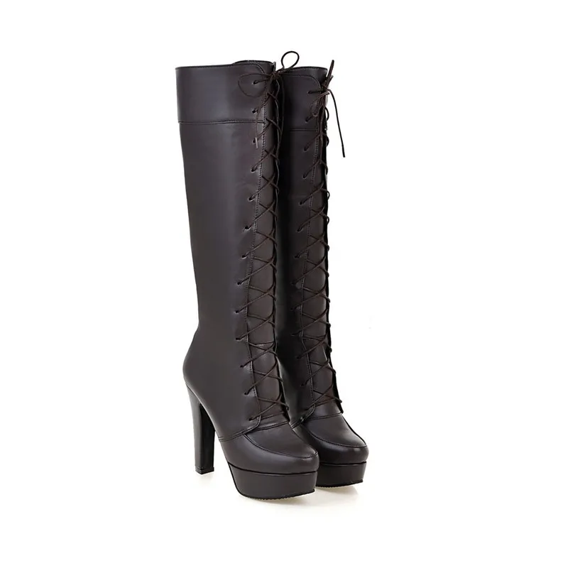 ASUMER new arrive women boots black brown high quality pu lace up knee solid color platform super ladies | Обувь