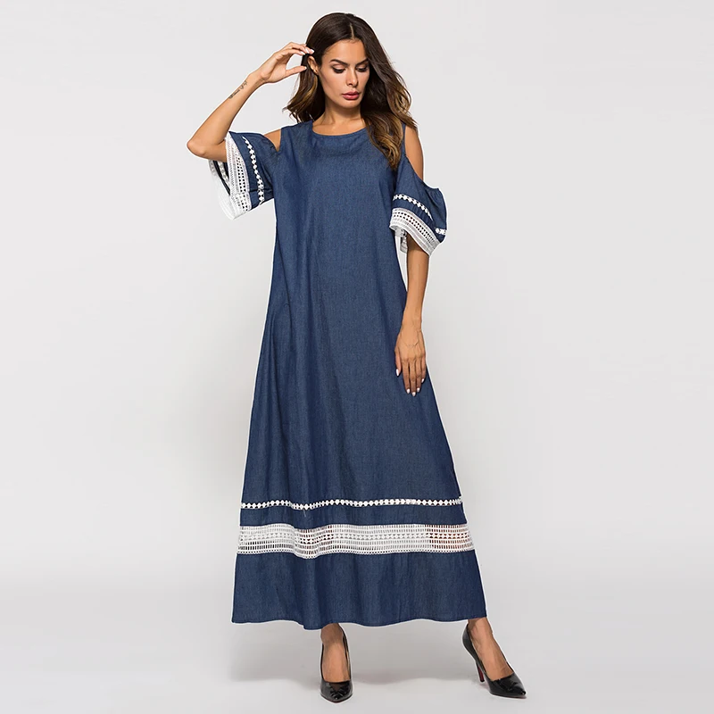 Женское джинсовое платье макси с открытыми плечами летнее повседневное