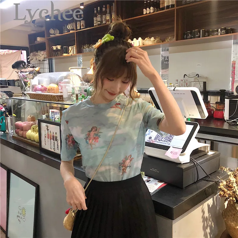Lychee сладкий угол сетки цвет блока женская футболка с длинным рукавом вырез лодочкой хит цвет тонкий весна женская летняя футболка