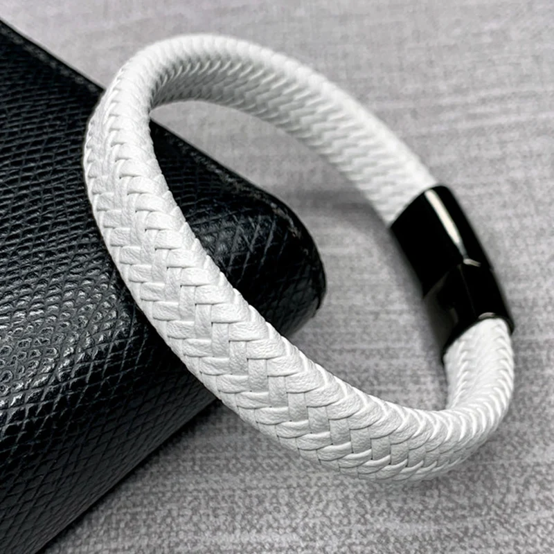 White Men Leather Bracelets Male Braided Wrist Band Fashion Stainless Steel Magnetic Clasp Charm Bangles Jewelry | Украшения и