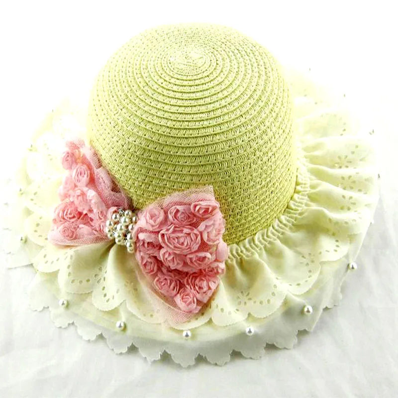 Children hat hats spring and summer girl baby pearl bow flowers sun natural beauty colorful Beach cap 2mz39 | Детская одежда и