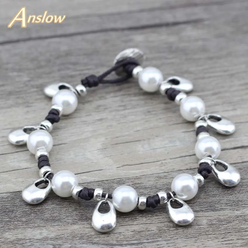 Женские кожаные браслеты Anslow популярные с искусственным жемчугом Erkek Bileklik