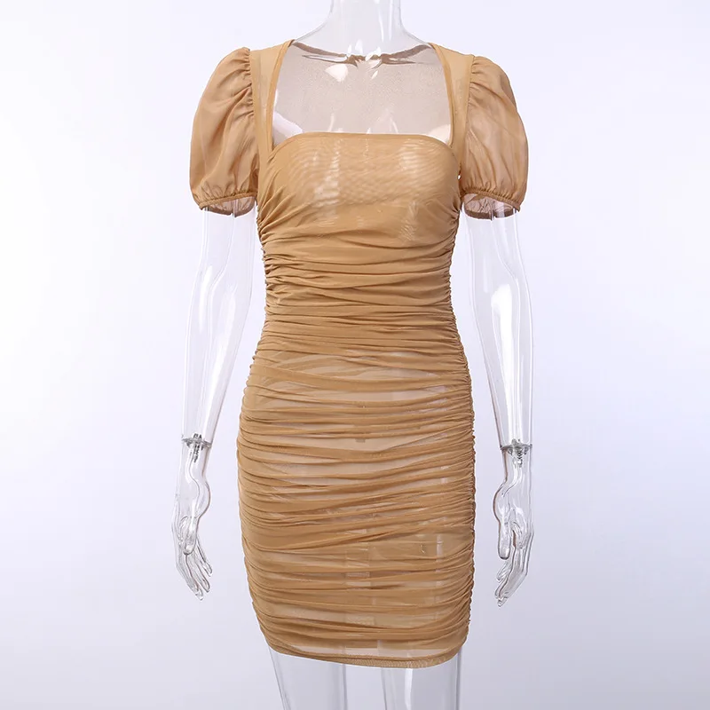 

2019 Summer Puff Sleeve Ruched Sheer Mesh Sexy Dress Women Strapless Pleated Mini Party Dress Elegant Ladies Dresses Vestidos