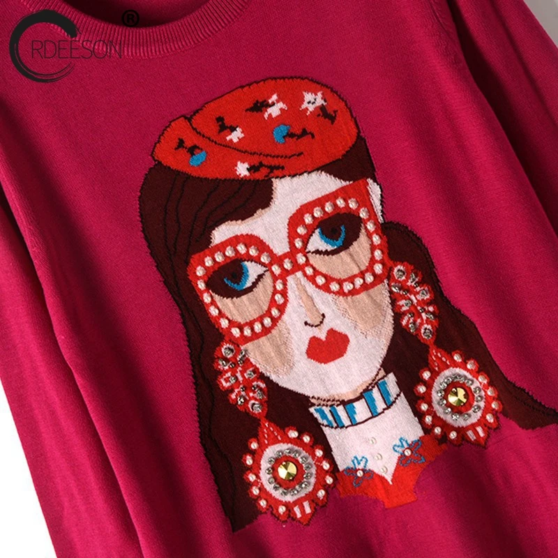 ORDEESON Beading Beautiful Jacquard Glasses Print Women Sweaters and Pullovers Jumper winter round neck Knitted Sweater Casual | Женская
