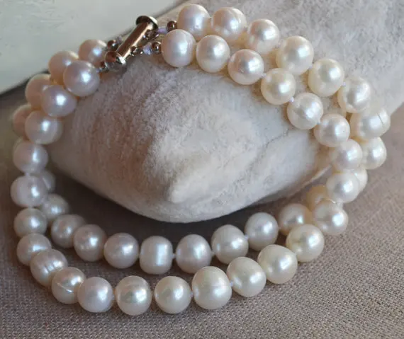 

Perfect Women's Pearl Jewelry, White 100% Real Freshwater Pearl Bracelet,8 Inches AA 8-9mm 2Rows Fashion Lady's Jewelry