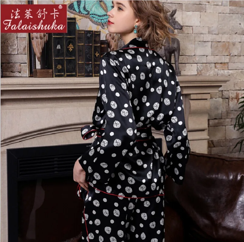 Silk Pajama Sets Pants Dot Plus Size Sexy Two Piece Set Home Wear Woman2019 Summer 100% Silk Stain Pajama Set Sleepwear